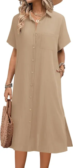 HOTOUCH Womens Shirts Dress 2025 Summer Loose Button Down Midi Dresses Short Sleeve Collar Lapel Dress Beige