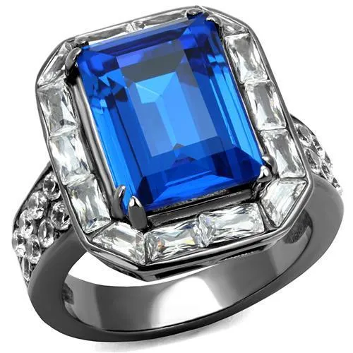 IP Light Black (IP Gun) Stainless Steel Ring with Top Grade Crystal in Capri Blue for Women Style TK2758