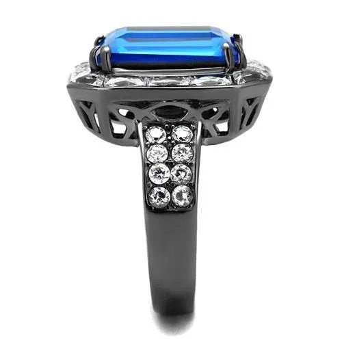 IP Light Black (IP Gun) Stainless Steel Ring with Top Grade Crystal in Capri Blue for Women Style TK2758