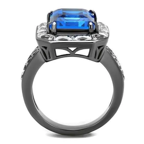 IP Light Black (IP Gun) Stainless Steel Ring with Top Grade Crystal in Capri Blue for Women Style TK2758