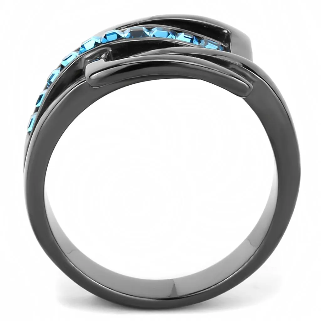 IP Light Black (IP Gun) Stainless Steel Ring with Top Grade Crystal in Sea Blue for Women Style TK3451