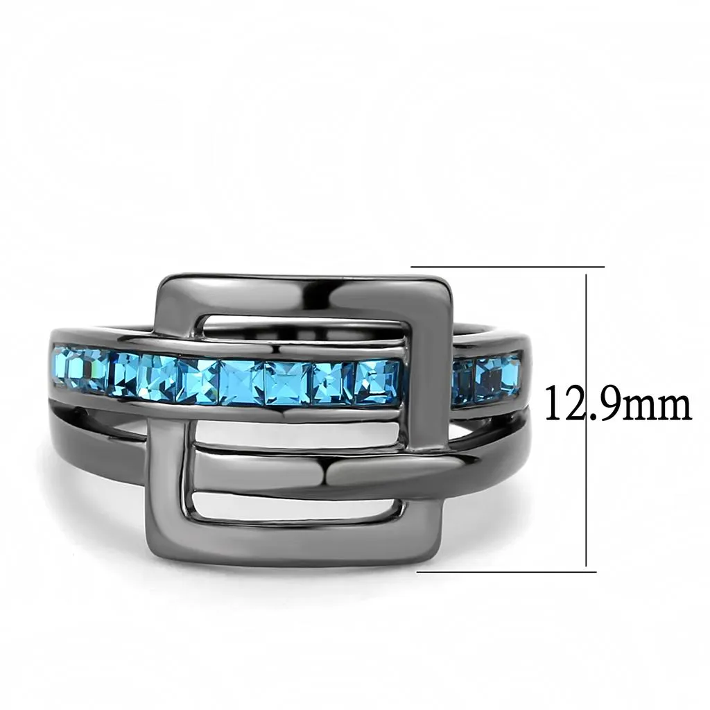 IP Light Black (IP Gun) Stainless Steel Ring with Top Grade Crystal in Sea Blue for Women Style TK3451