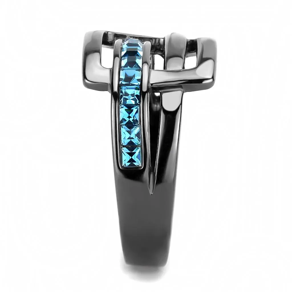 IP Light Black (IP Gun) Stainless Steel Ring with Top Grade Crystal in Sea Blue for Women Style TK3451