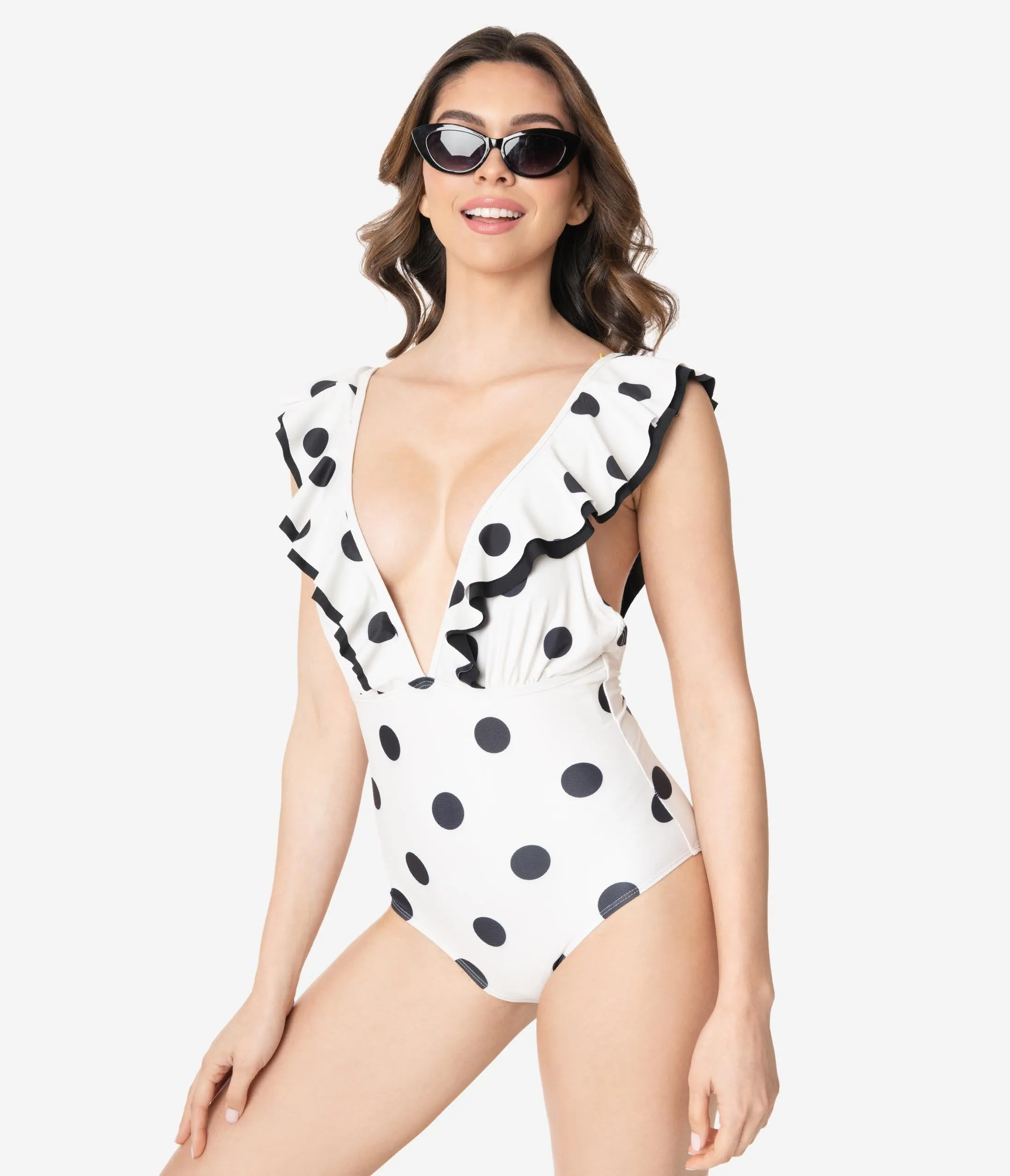 Ivory & Black Polka Dot Plunging Ruffled One Piece