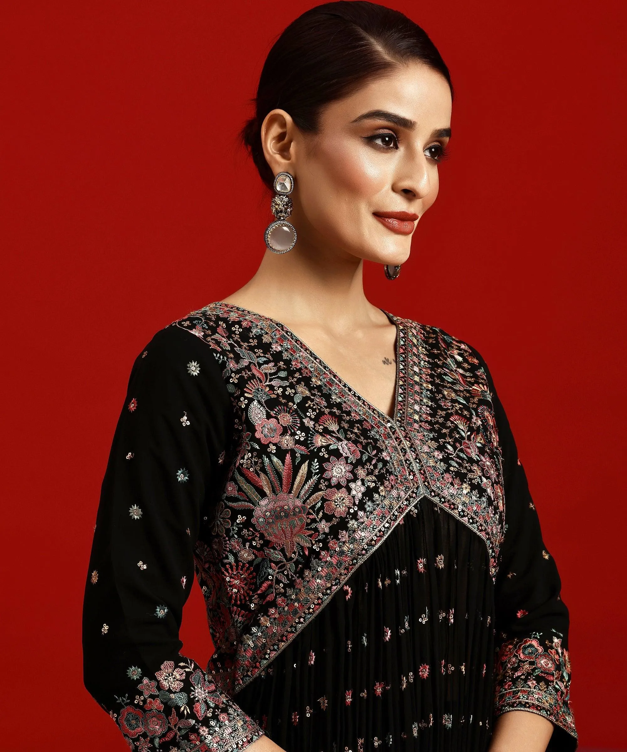 Jashvi Art Black Embroidered Georgette A-Line Kurta With Palazzos & Dupatta