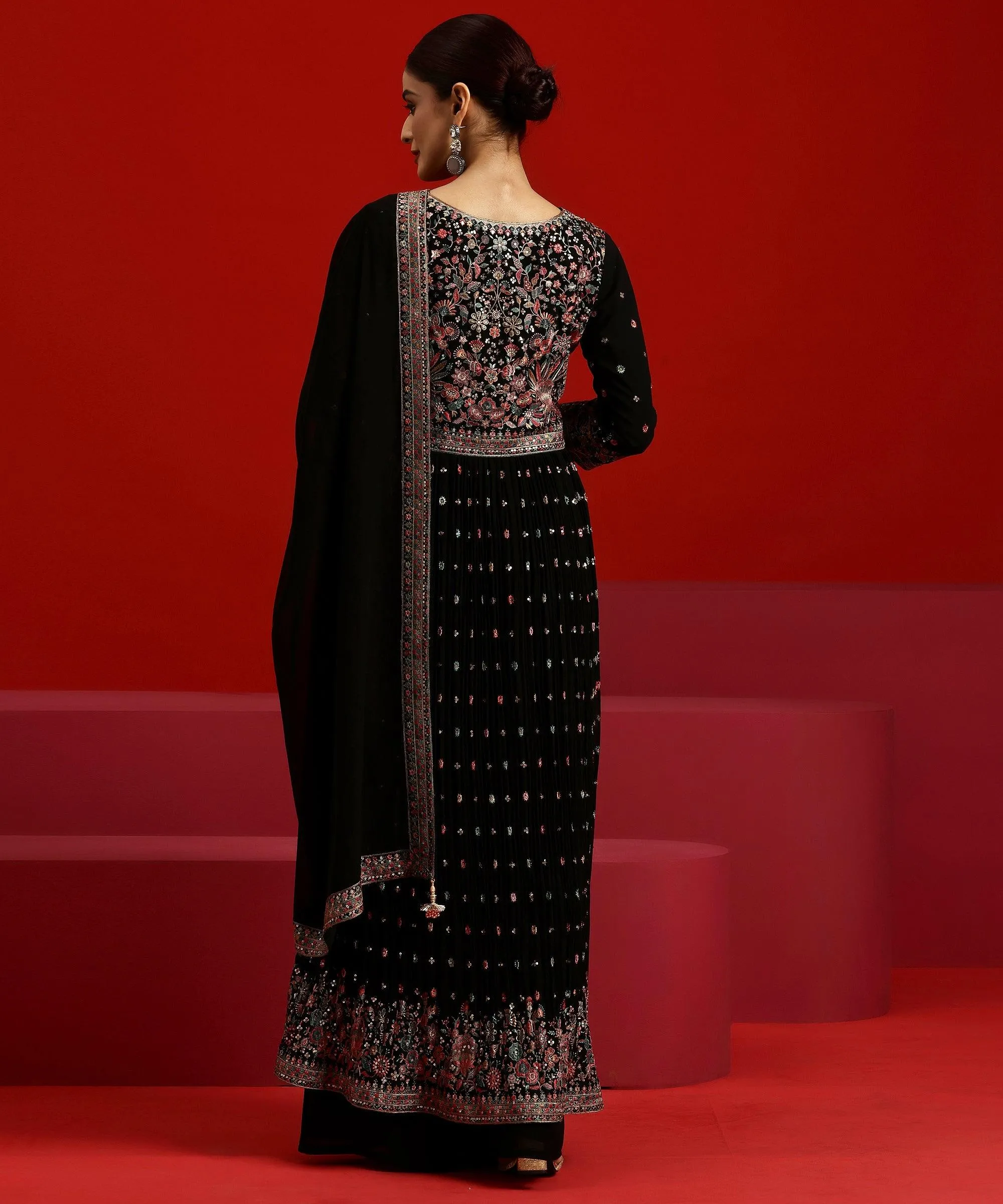 Jashvi Art Black Embroidered Georgette A-Line Kurta With Palazzos & Dupatta