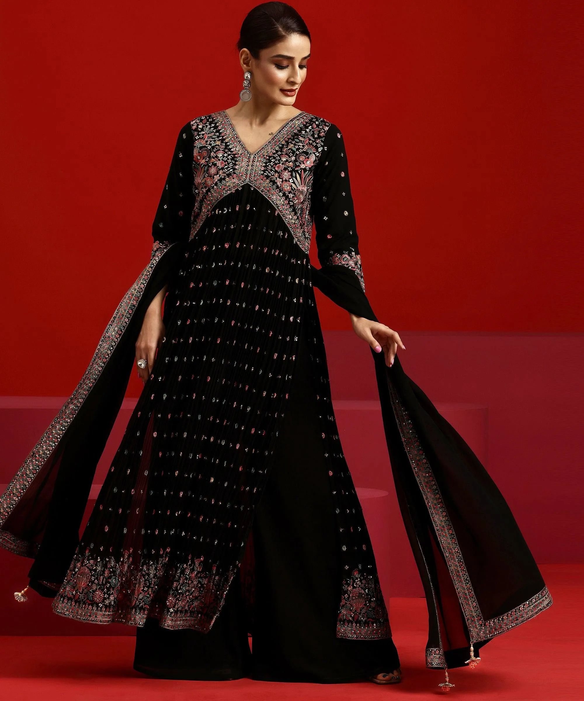 Jashvi Art Black Embroidered Georgette A-Line Kurta With Palazzos & Dupatta