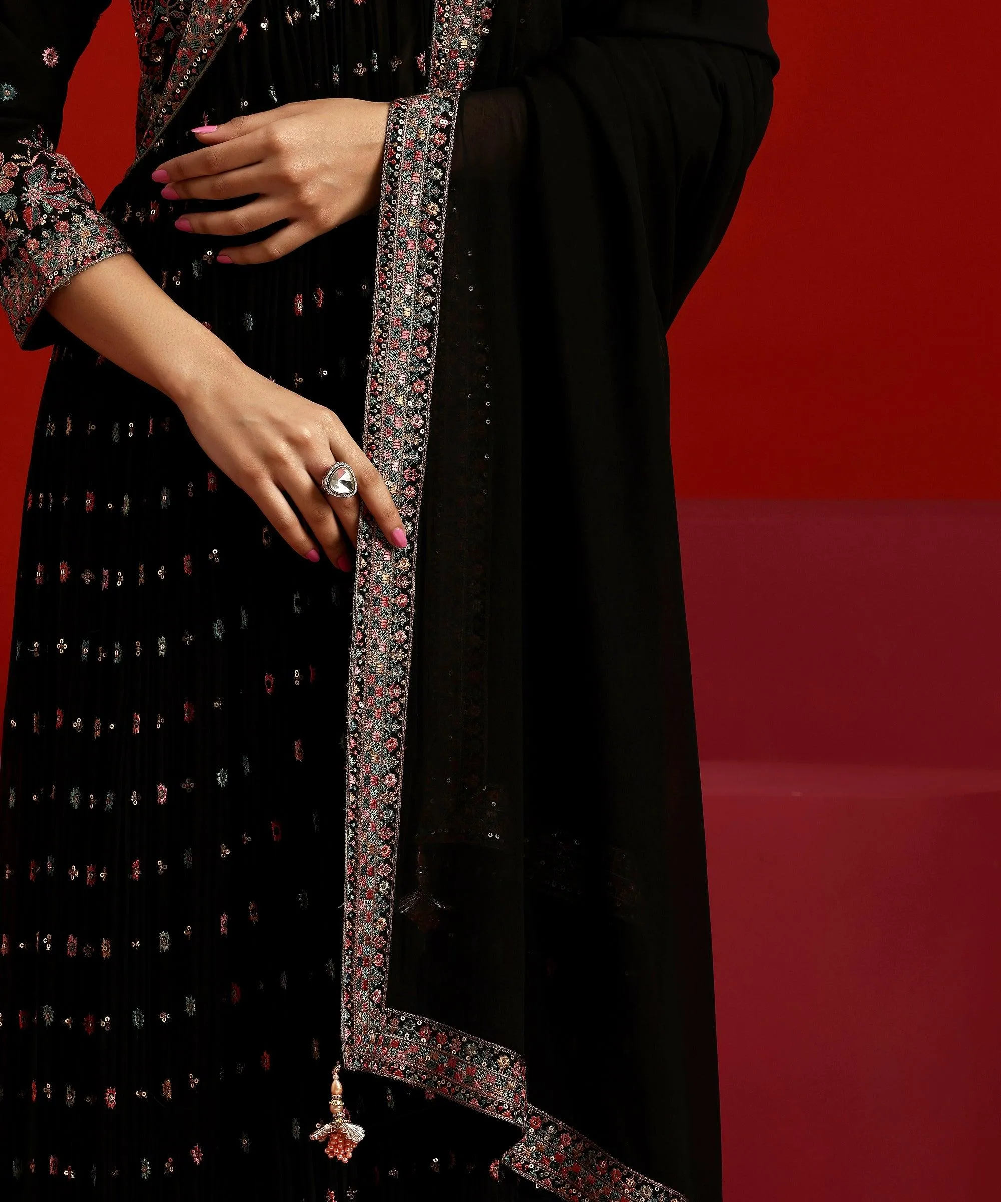Jashvi Art Black Embroidered Georgette A-Line Kurta With Palazzos & Dupatta
