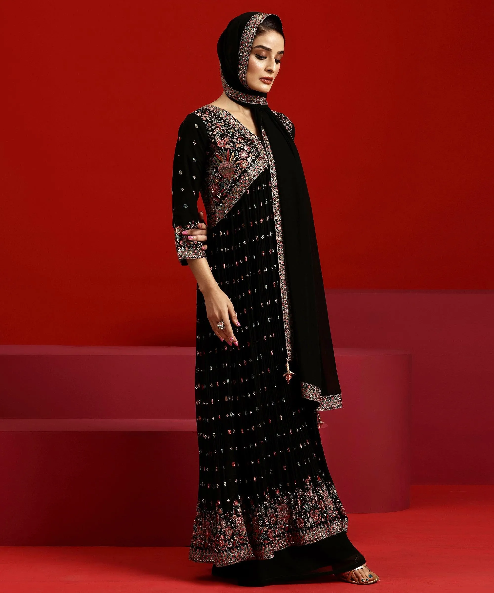 Jashvi Art Black Embroidered Georgette A-Line Kurta With Palazzos & Dupatta