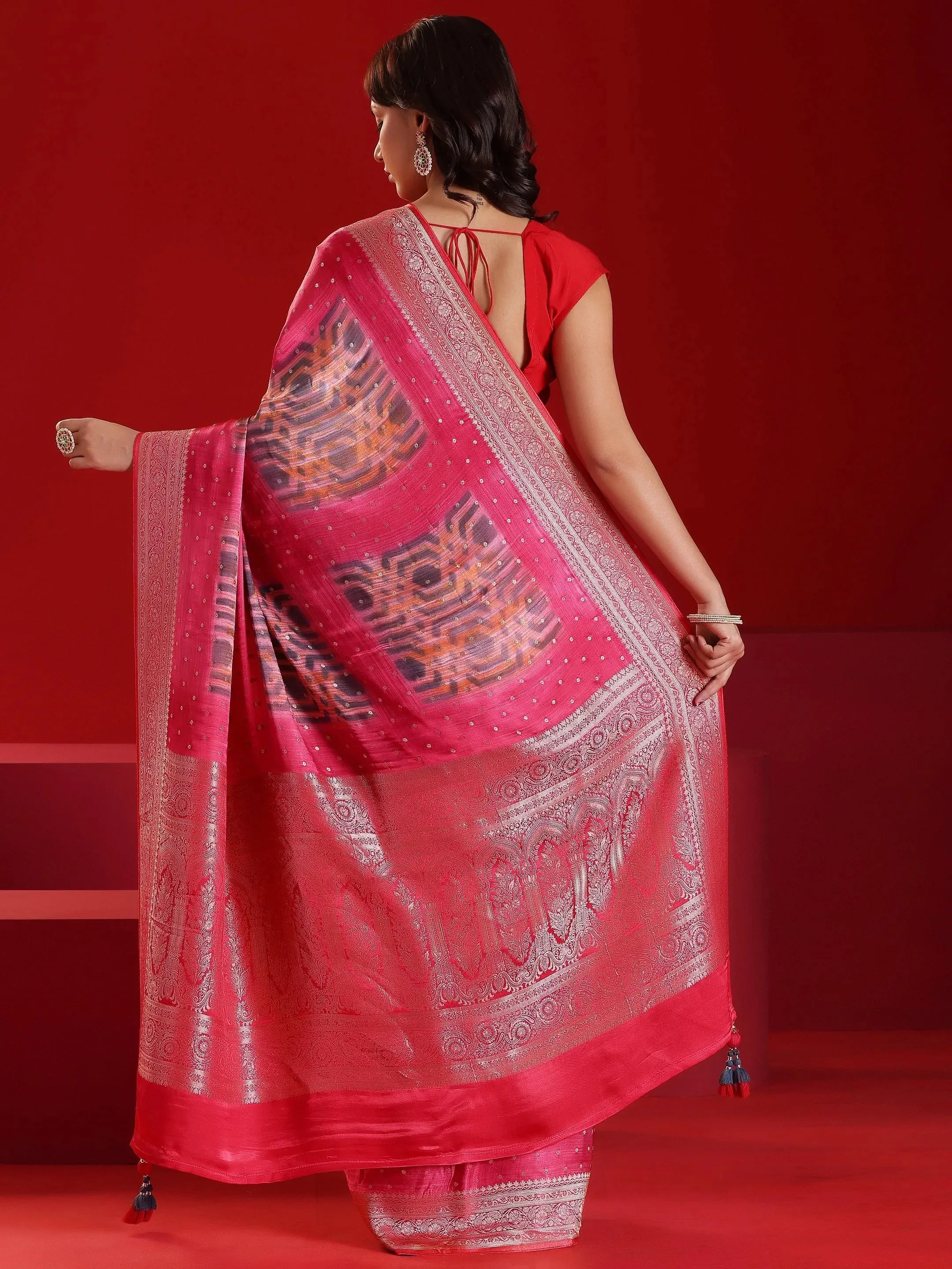 Jashvi Art Red Printed Satin Saree With Unstitched  Blouse Piece