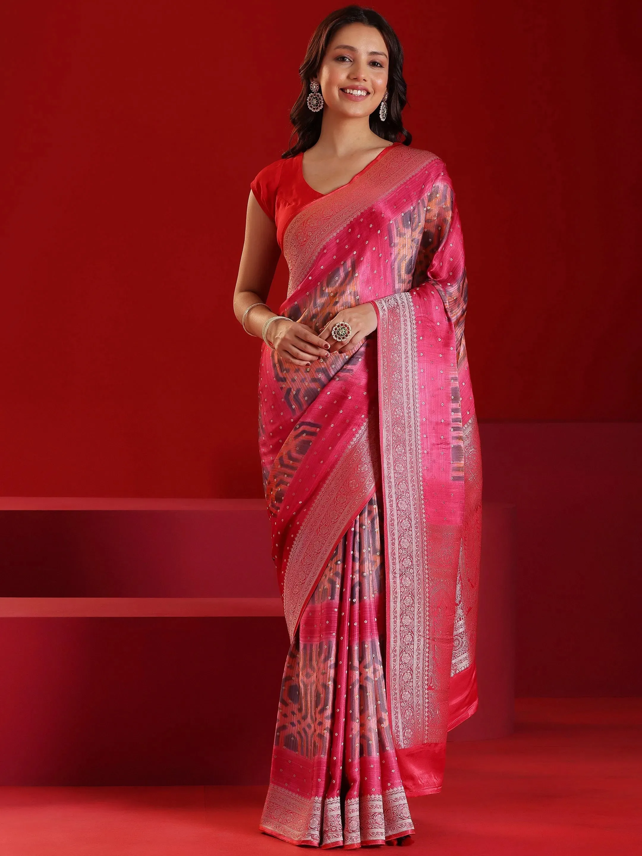 Jashvi Art Red Printed Satin Saree With Unstitched  Blouse Piece