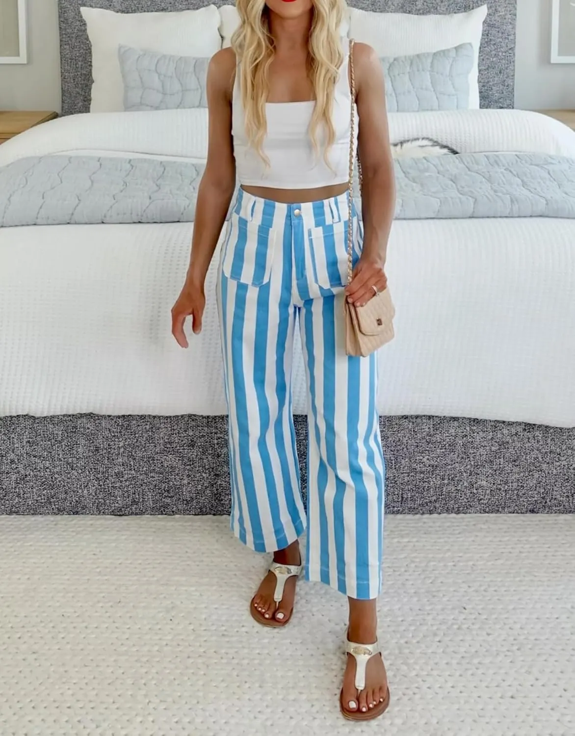Kedera Women Striped Pants Wide Leg Trousers Casual High Waisted Pants Summer Flare Jeans with Patched Pockets