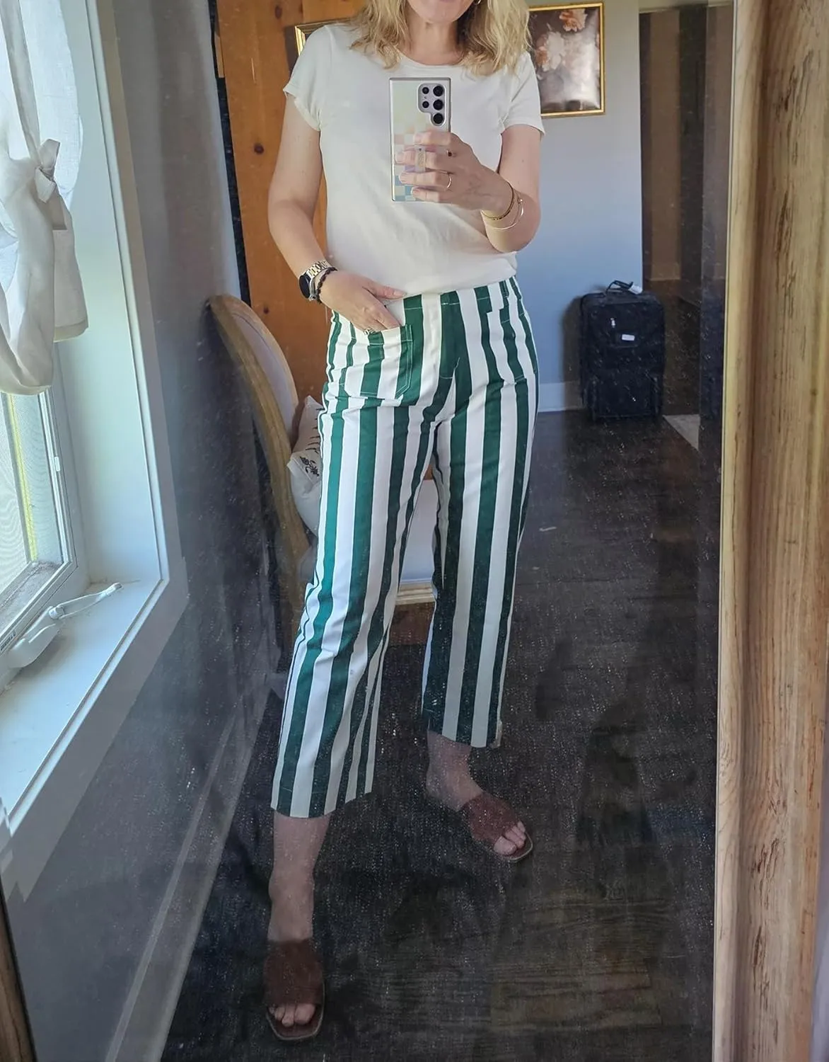 Kedera Women Striped Pants Wide Leg Trousers Casual High Waisted Pants Summer Flare Jeans with Patched Pockets