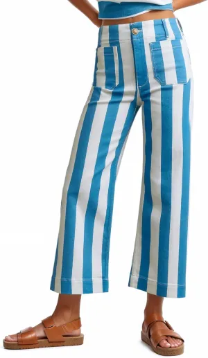 Kedera Women Striped Pants Wide Leg Trousers Casual High Waisted Pants Summer Flare Jeans with Patched Pockets