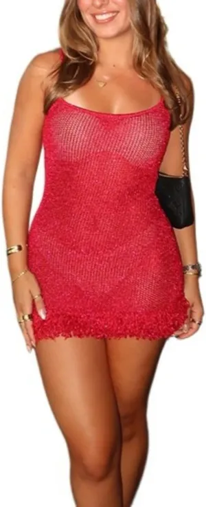 Knit Dress Fringe Crochet Spaghetti Strap Scoop Neck Sleeveless Slim Fit Sexy Summer Beach Casual Dress