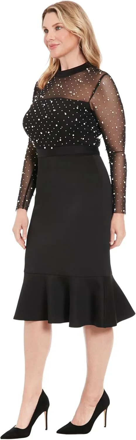 London Times Women's Long Sleeve Illusion Midi with Flounce Hem