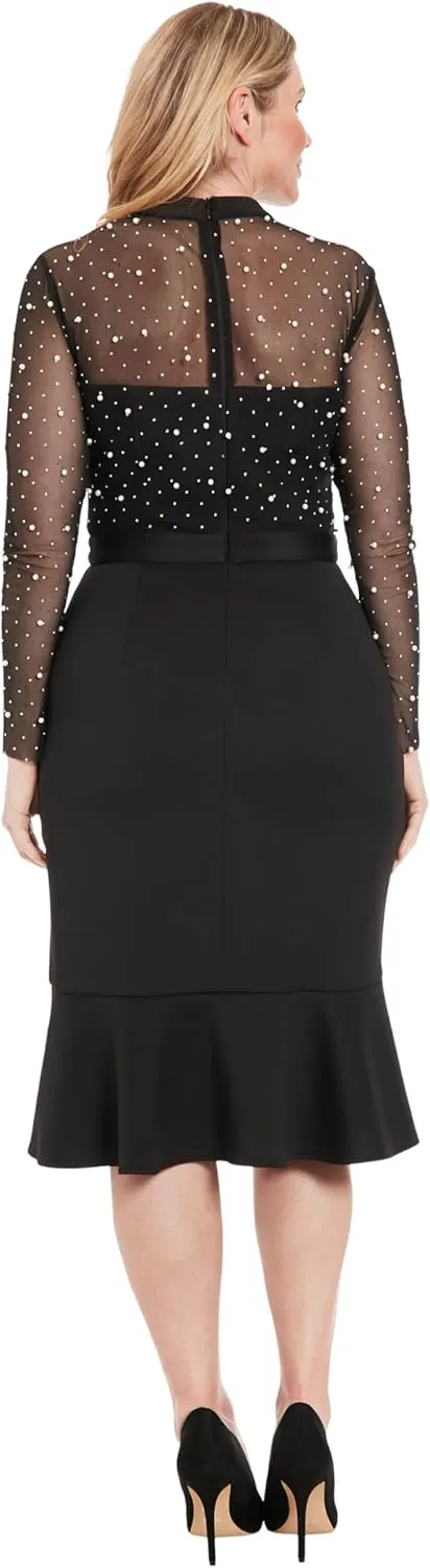 London Times Women's Long Sleeve Illusion Midi with Flounce Hem