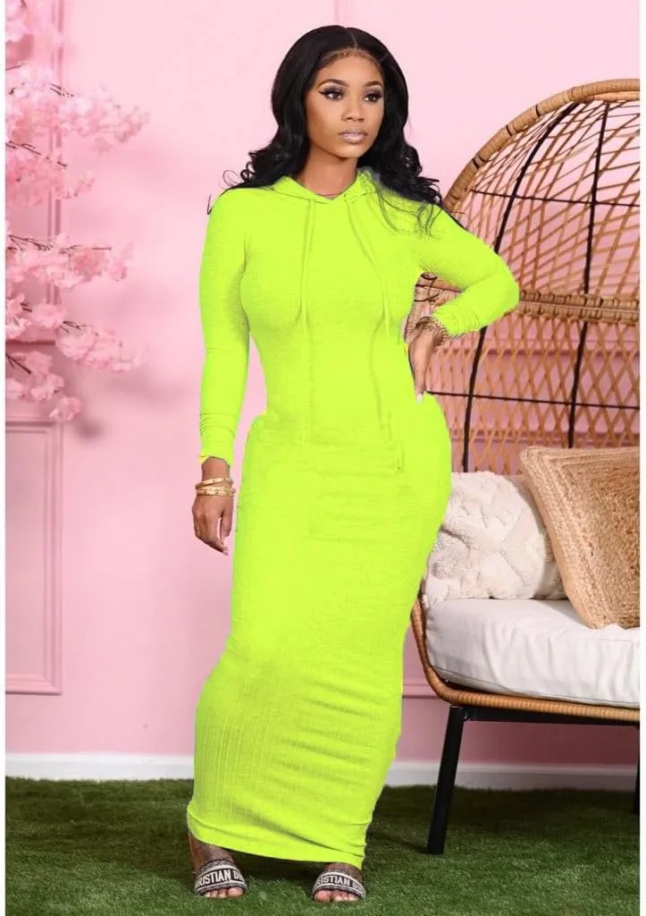 Long Sleeve Bodycon Maxi Dress for Women One Piece Hoodie Sweatshirt Dresses
