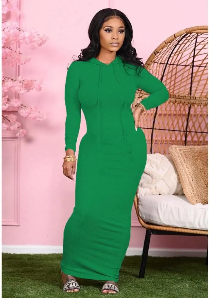Long Sleeve Bodycon Maxi Dress for Women One Piece Hoodie Sweatshirt Dresses