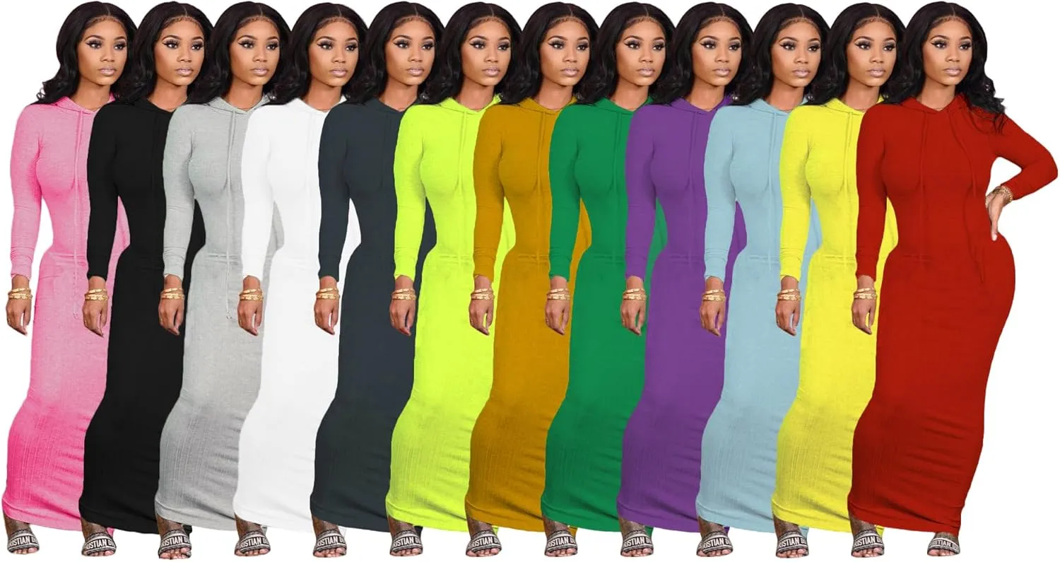 Long Sleeve Bodycon Maxi Dress for Women One Piece Hoodie Sweatshirt Dresses