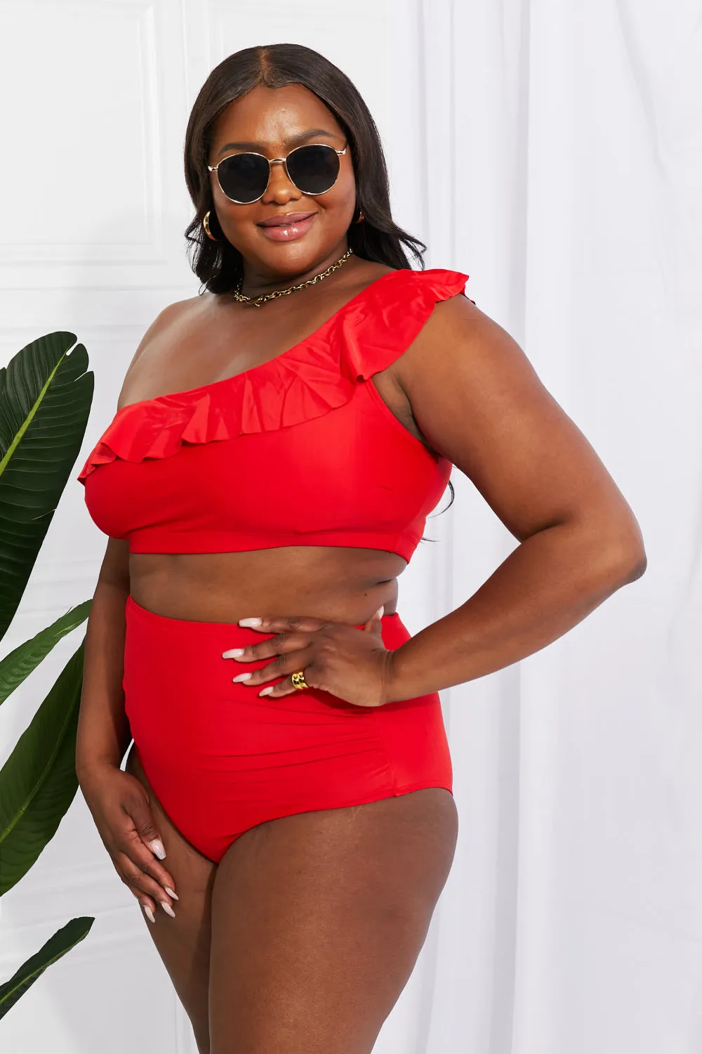 Marina West Swim Seaside Romance Ruffle One-Shoulder Bikini in Red (TB9D) T