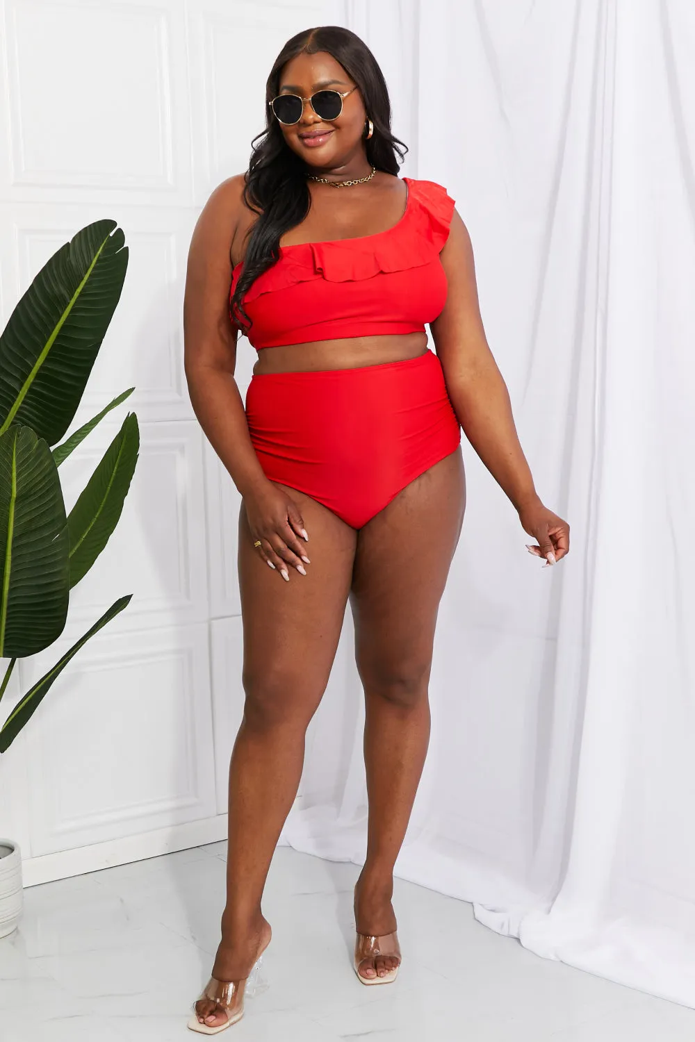 Marina West Swim Seaside Romance Ruffle One-Shoulder Bikini in Red (TB9D) T