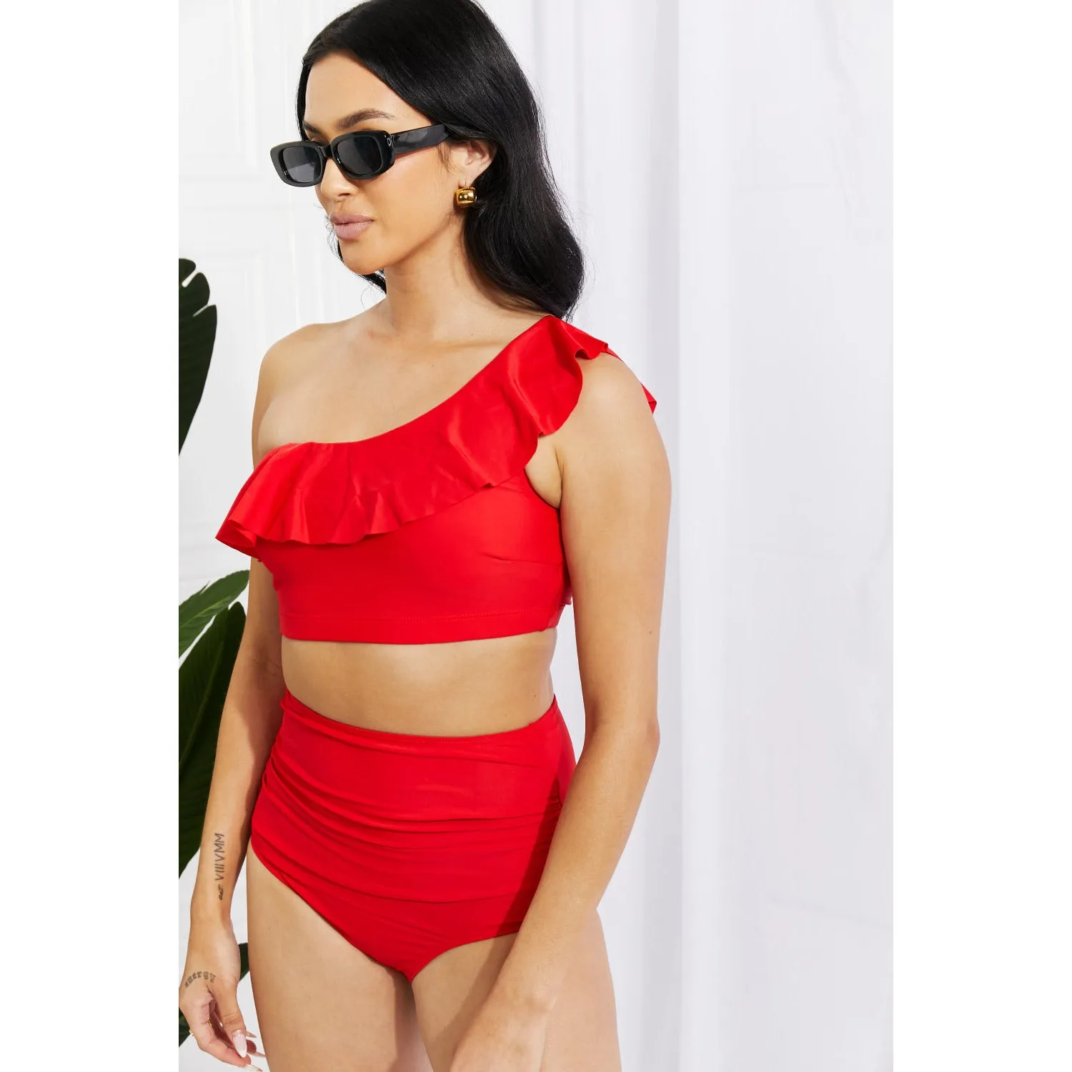 Marina West Swim Seaside Romance Ruffle One-Shoulder Bikini in Red