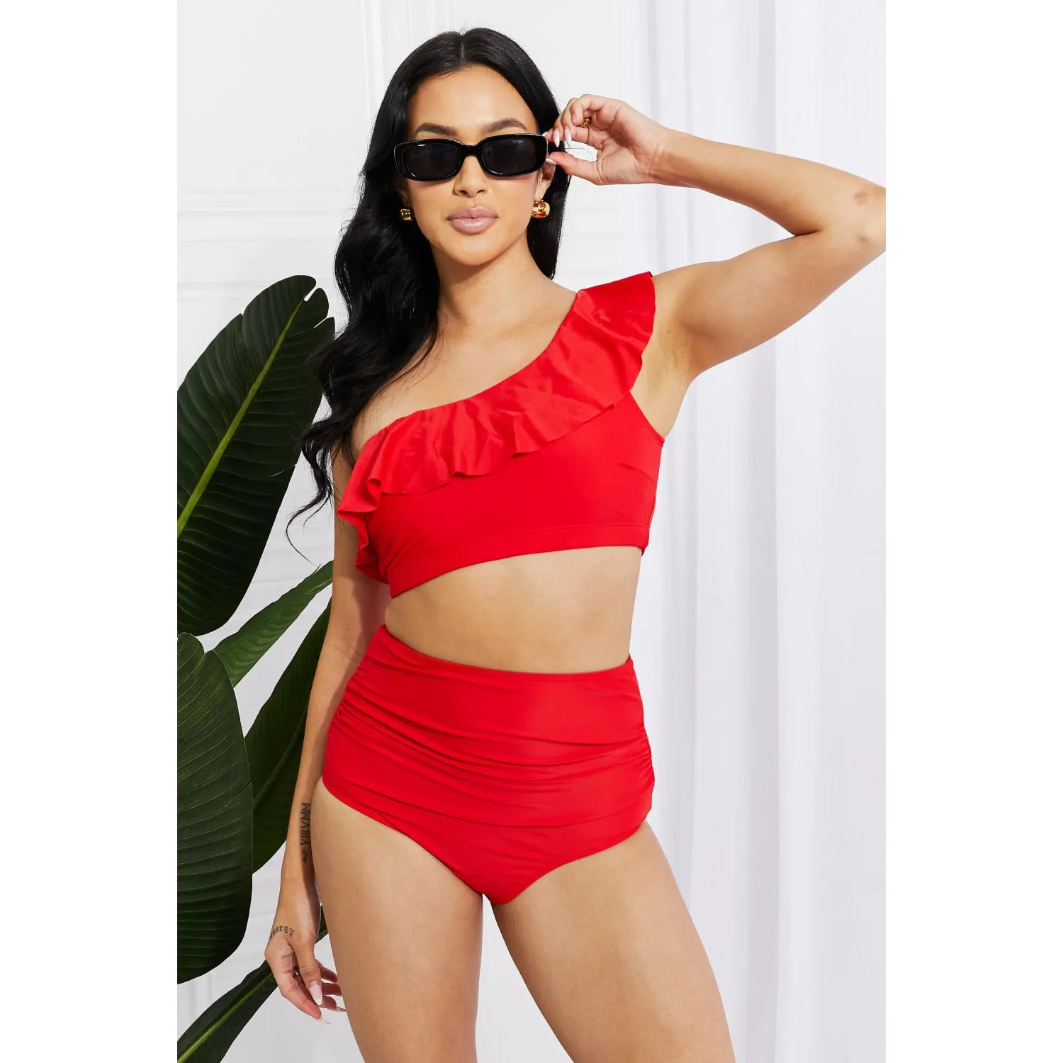 Marina West Swim Seaside Romance Ruffle One-Shoulder Bikini in Red