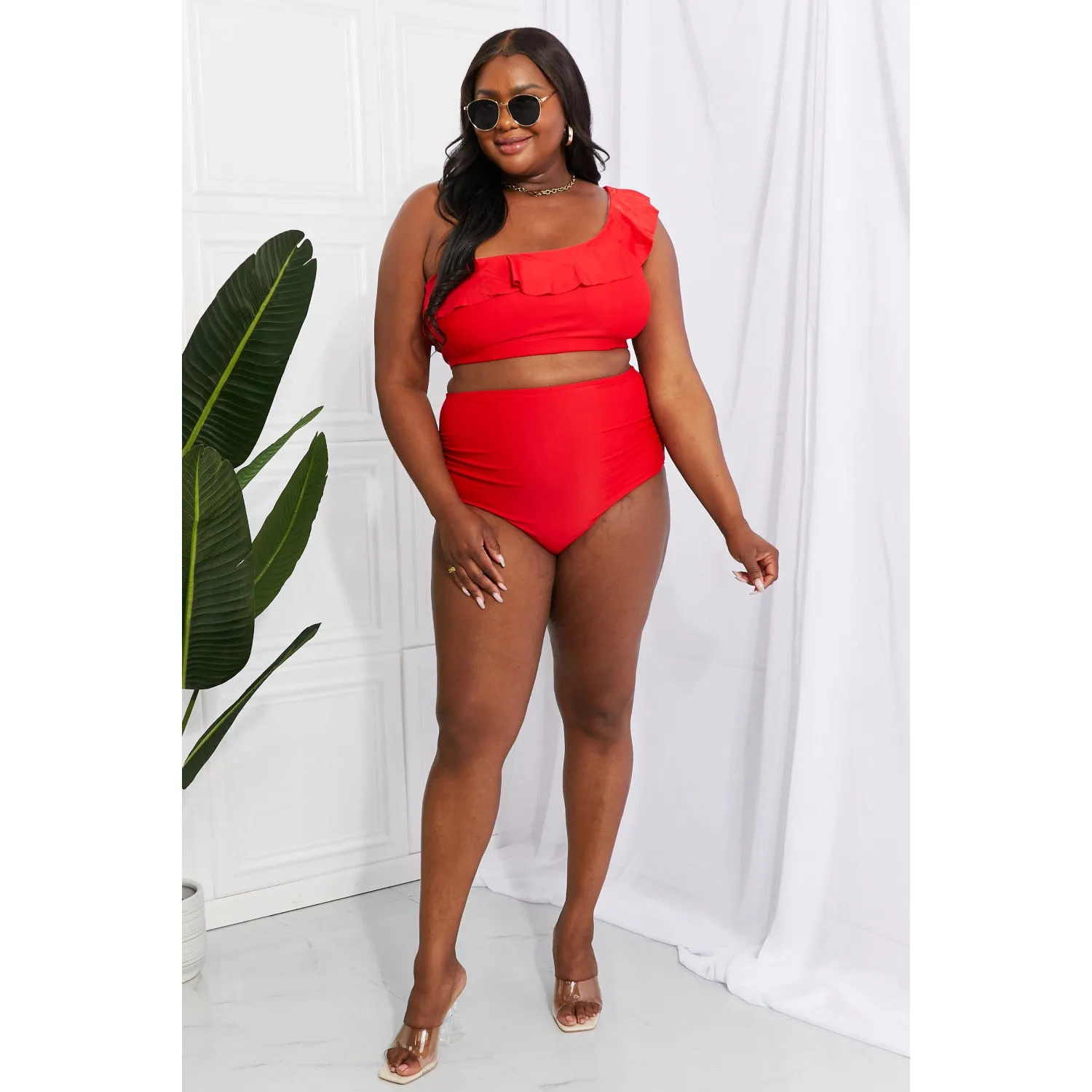 Marina West Swim Seaside Romance Ruffle One-Shoulder Bikini in Red