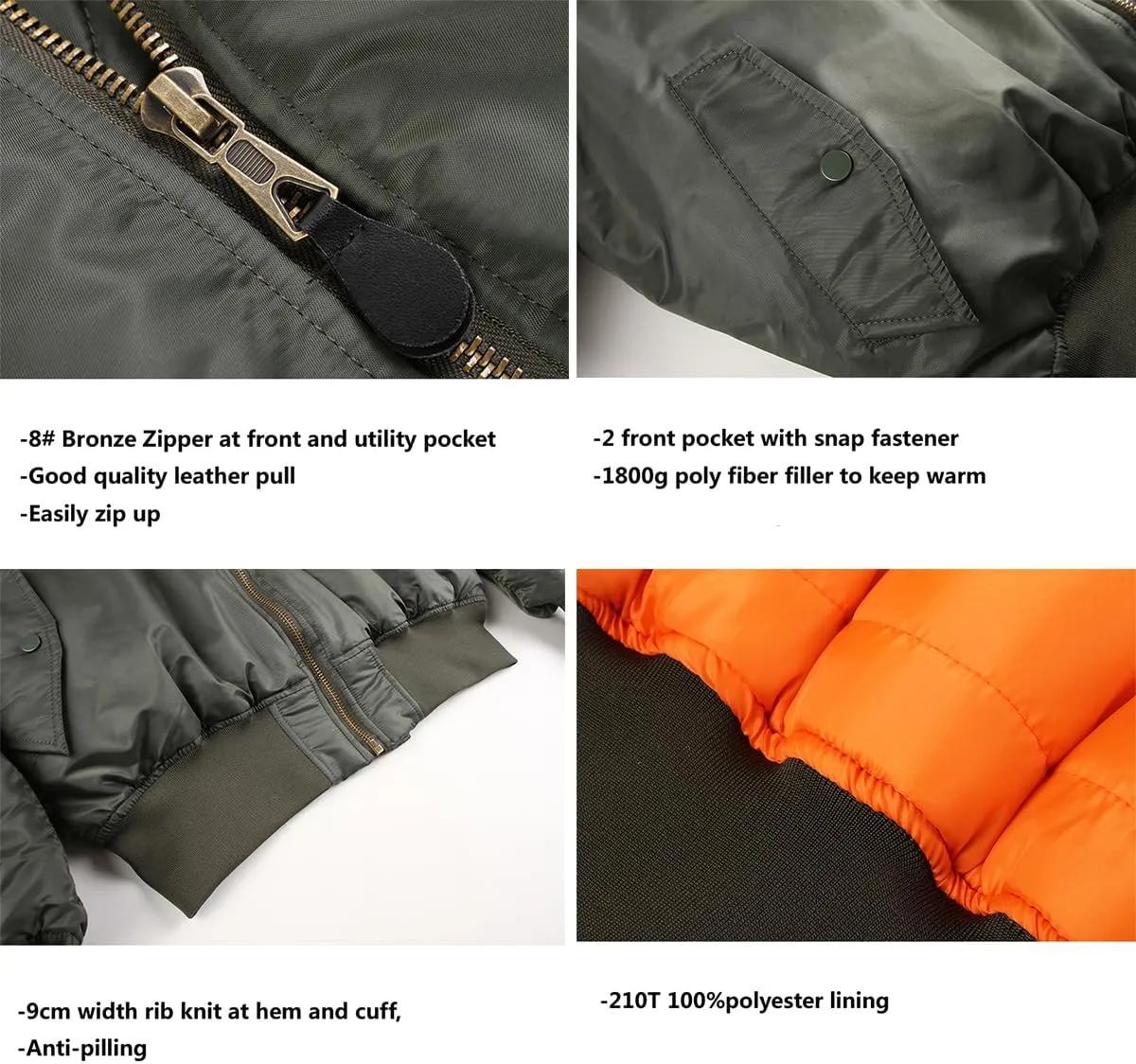 Men's Winter Padded Water-Resistant MA-1 Nylon Bomber Flight Jacket Coat