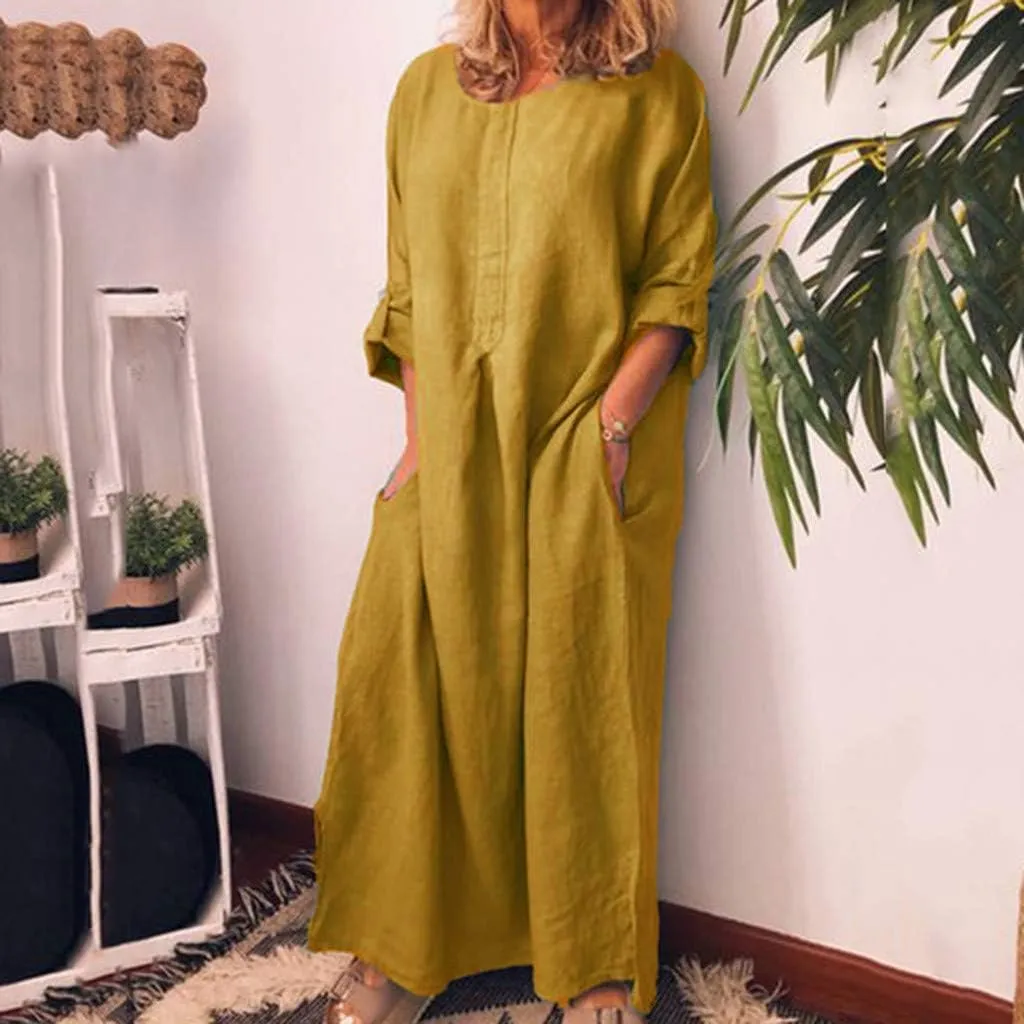 Midi Dresses for Women Casual Loose Short Sleeve Long T Shirt Dress Round Neck Split Maxi Beach Sundress Resort Chic