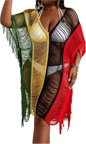 Milumia Women's Plus Size Color Block Open Stitch Dolman Sleeve Fringe Hem Cover Up Dress