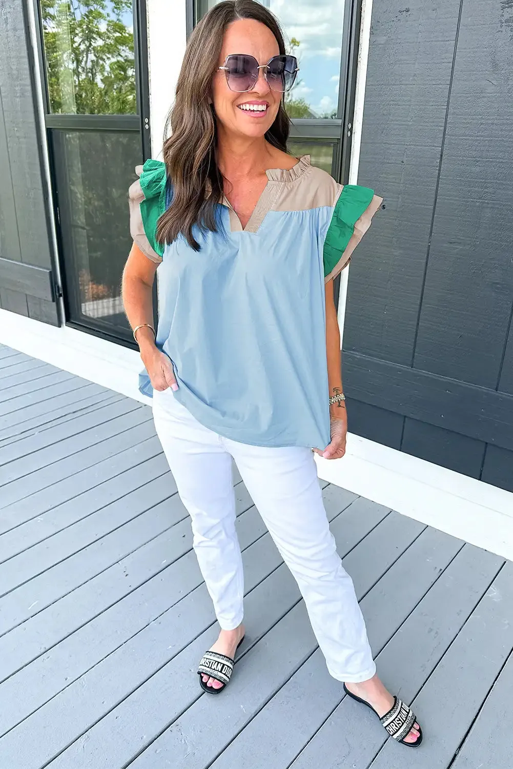 Mist Blue Colorblock V Neck Blouse