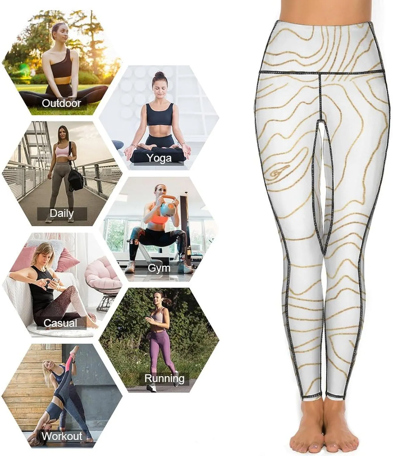 Modern Gold Lines Minimalist Women's Yoga Pants, Aesthetic Butt Lift Tummy Control Workout Running Yoga Leggings