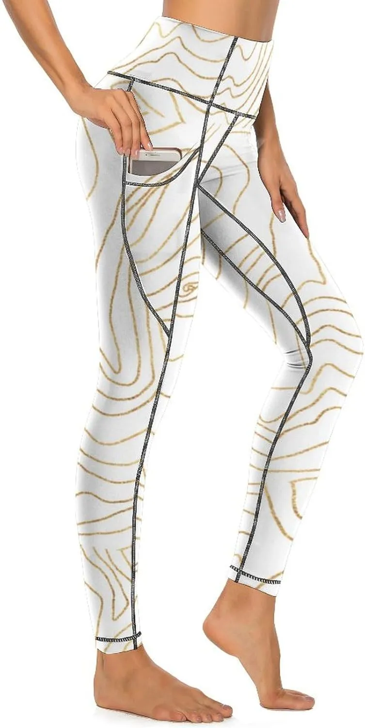 Modern Gold Lines Minimalist Women's Yoga Pants, Aesthetic Butt Lift Tummy Control Workout Running Yoga Leggings