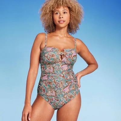 New - Shade & Shore Women's Shirred Bandeau One Piece Swimsuit Full Coverage
