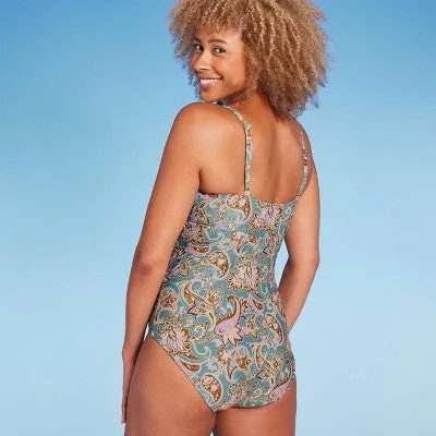 New - Shade & Shore Women's Shirred Bandeau One Piece Swimsuit Full Coverage