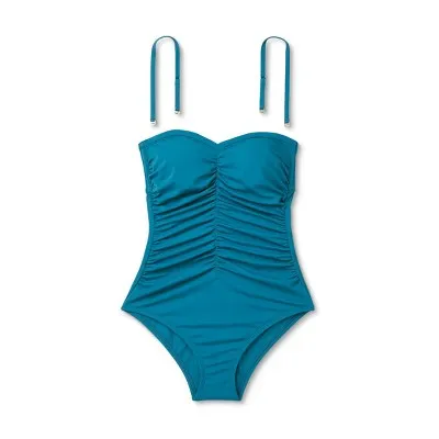 New - Shade & Shore Women's Shirred Bandeau One Piece Swimsuit Full Coverage