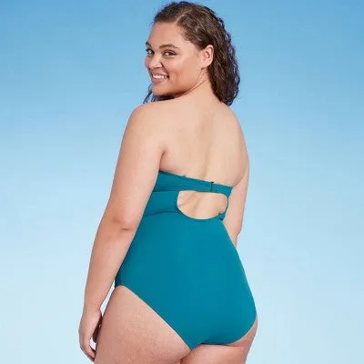 New - Shade & Shore Women's Shirred Bandeau One Piece Swimsuit Full Coverage