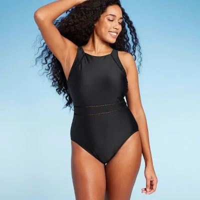 New - Women's High Neck Medium Coverage One Piece Swimsuit - Shade & Shore Black M