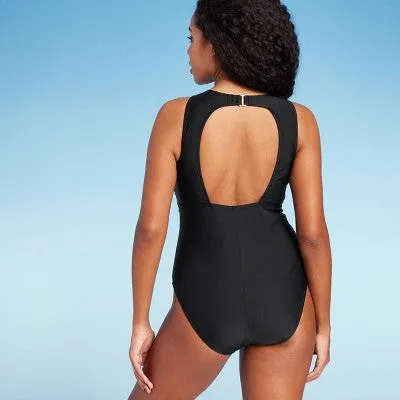 New - Women's High Neck Medium Coverage One Piece Swimsuit - Shade & Shore Black M