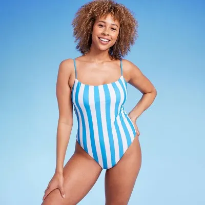 New - Women's Square Neck High Leg Cheeky One Piece Swimsuit - Shade & Shore™ Blue Striped M