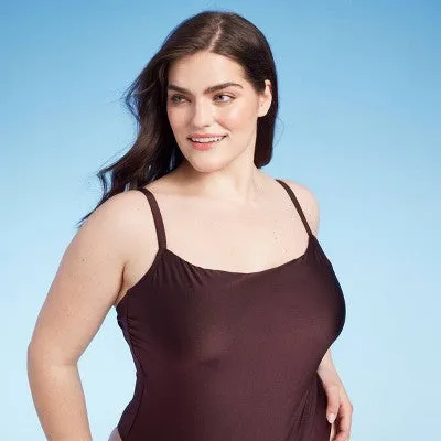 New - Women's Square Neck High Leg Cheeky One Piece Swimsuit - Shade & Shore Brown Shine 16