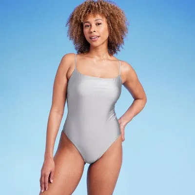 New - Women's Square Neck High Leg Cheeky One Piece Swimsuit - Shade & Shore Silver Shine XS