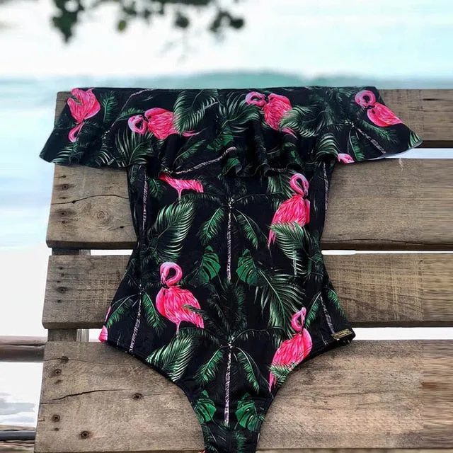 Off Shoulder Printed One Piece Swimsuit