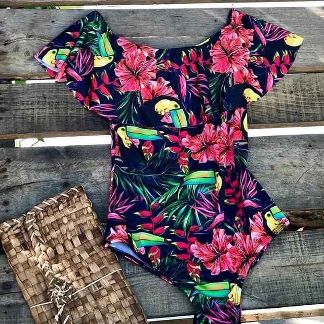 Off Shoulder Printed One Piece Swimsuit