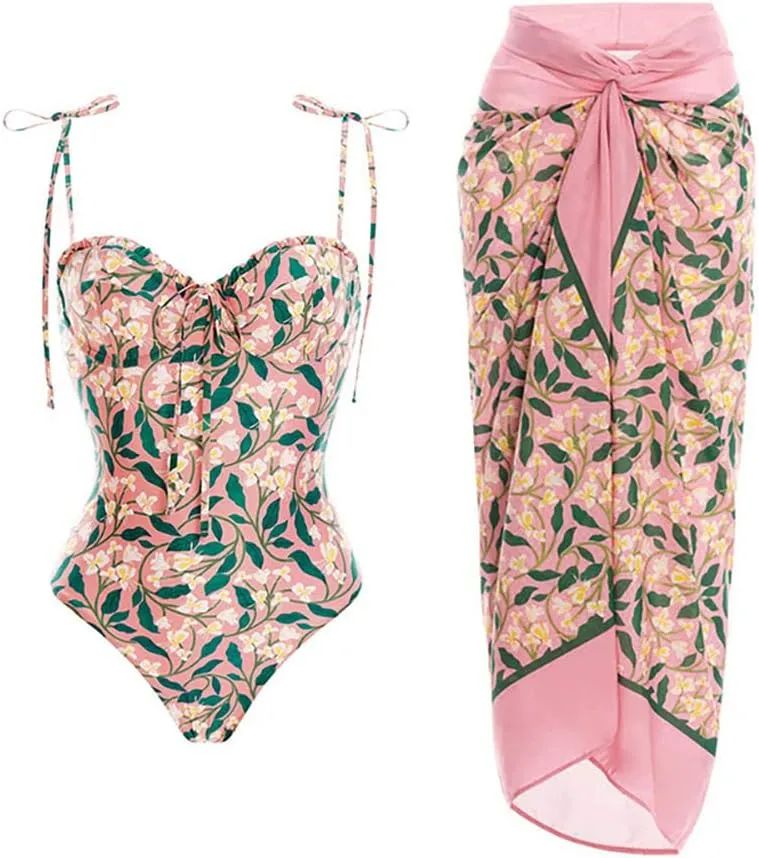 One Piece Swimsuit with Cover Up Set Tummy Control Floral Print Bikini Set Two Piece Beachwear Bathing Suit