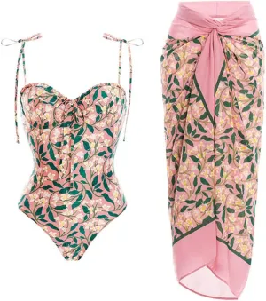 One Piece Swimsuit with Cover Up Set Tummy Control Floral Print Bikini Set Two Piece Beachwear Bathing Suit