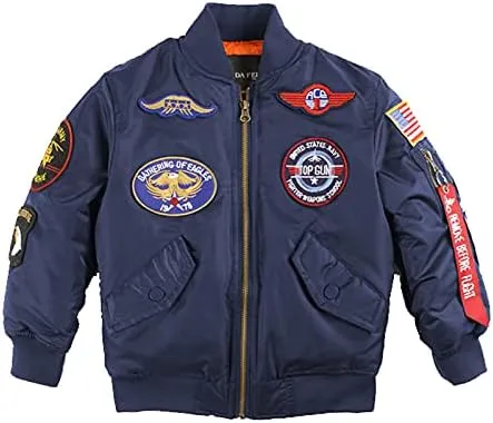 Patch Embroidered Nylon MA-1 Baby Kids Bomber Flight Jacket Winter Padded Thick Coat for Boys Girls