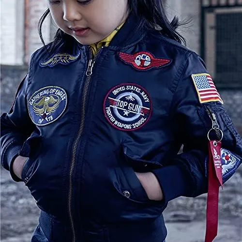 Patch Embroidered Nylon MA-1 Baby Kids Bomber Flight Jacket Winter Padded Thick Coat for Boys Girls